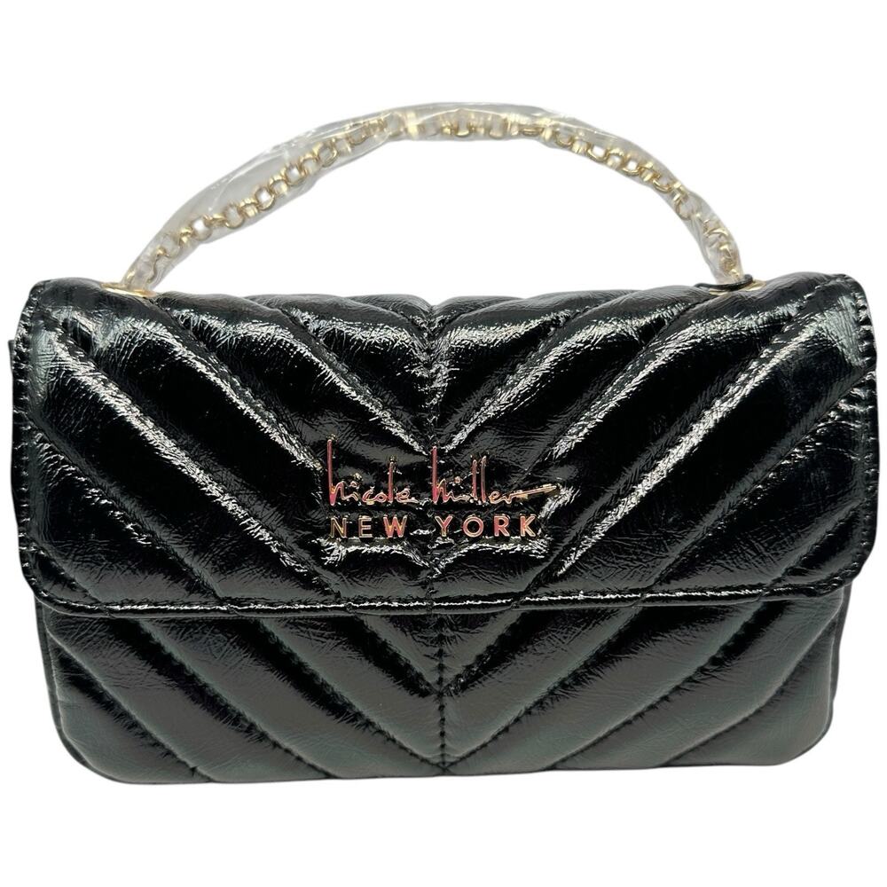 Nicole Miller Black Glossy Quilted Chevron Crossbody Bag Purse Gold Chain NWT